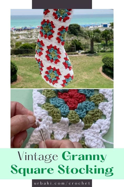 Vintage Granny Square Stocking Crochet Christmas Stocking Free Pattern, Granny Square Christmas Stocking, Granny Square Stocking, Granny Square Christmas, Stocking Crochet Pattern, Stocking Crochet, Granny Christmas, Vintage Granny Square, Christmas Crochet Patterns Free