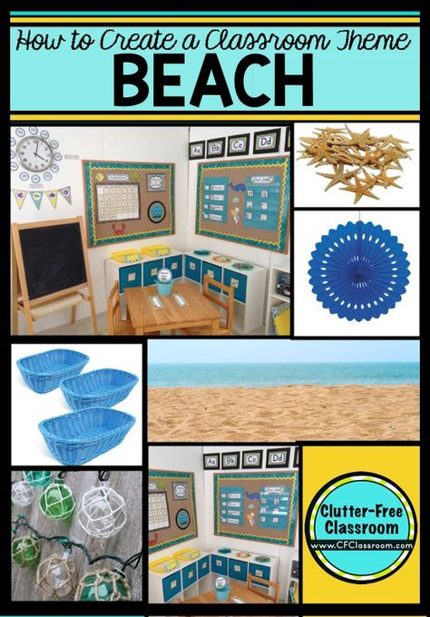 Are you planning a beach themed classroom or thematic unit? This blog post provides great decoration tips and ideas for the best beach theme yet! It has photos, ideas, supplies & printable classroom d Beach Themed Classroom, Free Classroom Decor, Beach Classroom, Nautical Classroom, Ocean Classroom, Team Teaching, Ocean Theme Classroom, Clutter Free Classroom, Printable Classroom Decor