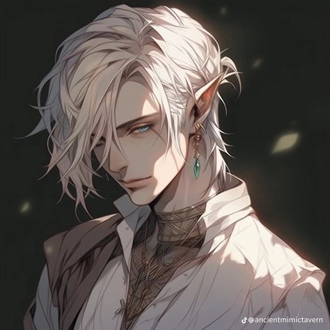 Male Elf Hair, White Haired Elf Male Fantasy Art, Male Elf White Hair, Changeling Dnd Art Male, Male Elf Character Art, White Hair Elf Male, Elf Male Character Design, Moon Elf Male, High Elf Dnd