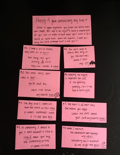 Anniversary scavenger hunt, treasure hunt I did for our 4 year anniversary. Boyfriend Treasure Hunt, Cute Scavenger Hunt Ideas For Girlfriend, Anniversary Treasure Hunt For Him, Boyfriend Scavenger Hunt Birthday, Diy Scavenger Hunt For Boyfriend, Anniversary Scavenger Hunt Ideas, Birthday Scavenger Hunt For Boyfriend, Scavenger Hunt Boyfriend, Couple Scavenger Hunt Ideas