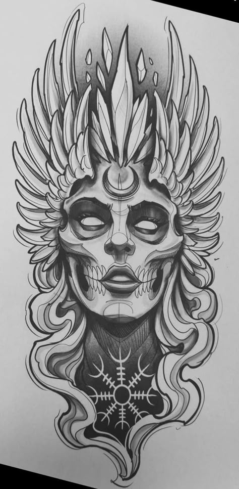 240+ Magnificent Valkyrie Tattoos Ideas and Meaning (2023) - TattoosBoyGirl Dark Nordic Tattoo, Mens Side Neck Tattoo Ideas, Viking Valkyrie Tattoo Design, Norse Mythology Drawing, Valkyrie Tattoo Design, Valkyrie Tattoos, Surrealism Tattoo Design, Cloud Tattoo Design, Norse Mythology Tattoo