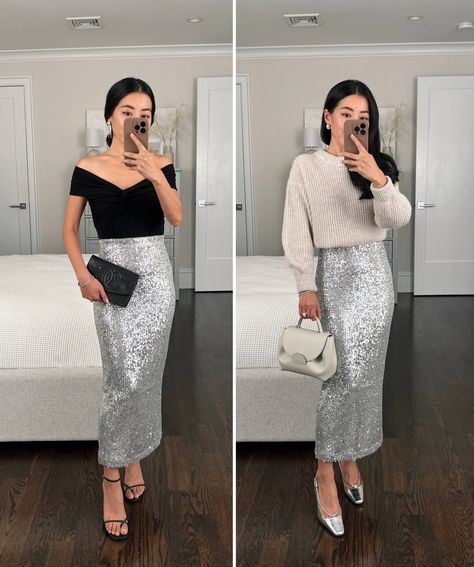 Petite holiday party outfit ideas: Styling my Amazon the drop sequin midi skirt with a reformation Ezlynn off shoulder top. Silver Skirt Styling, Midi Sequin Skirt Outfit, Sequin Skirt Outfit Dressy, Sequin Midi Skirt Outfit, Silver Sequin Skirt Outfit, Skirt Party Outfit Night, Silver Skirt Outfit, Glitter Skirt Outfit, Silver Skirt Outfits