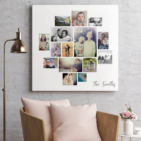 Surround yourself at home with art that is meaningful to you and your family with this personalised juxtaposition photo collage. Bring your special moments in time to life on your walls. Add your favourite pictures from your wedding day, from a special holiday shared with loved ones, your family & children's most magical moments, your pets...Please send us 15 pictures for this collage and a word / short quote of your choice for the bottom right.All our art is hand-made by us in our studio, there Collage Of Photos In Frame, Ideas For Photo Collage, How To Make Photo Collage, Picture Collage On Canvas, Picture Collage Ideas For Gifts Diy, Unique Photo Collage Ideas Creative, Photo Collage Frame Ideas, Family Photo Collage Ideas, Photo Collage On Wall