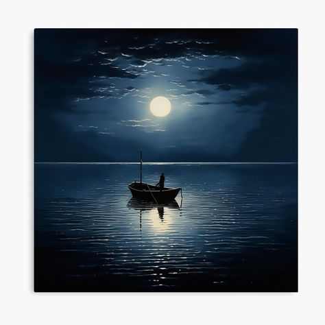 Get my art printed on awesome products. Support me at Redbubble #RBandME: https://www.redbubble.com/i/canvas-print/Boat-in-the-Moonlight-by-jngraphs/151692205.5Y5V7?asc=u Boat Silhouette, Moonlight Painting, Beach At Night, Silhouette Painting, Boat Painting, Under The Moon, Paint And Sip, Wallpaper Art, Ocean Painting