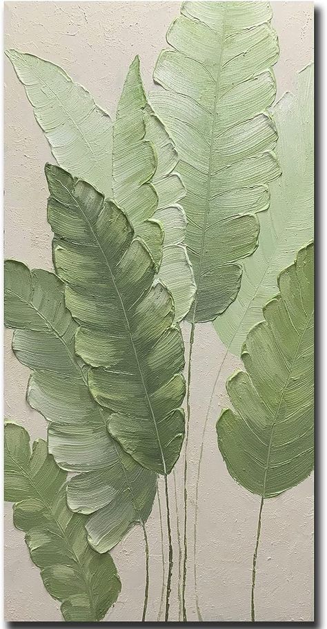 Canvas Art Leaves, Textured Leaves Painting, Green Painting Ideas Art Acrylic, Textured Canvas Art Leaves, Plaster Wall Art Plant, Plaster Art Leaves, Banana Leaf Art, Oil Painting Trees, Tree Mural