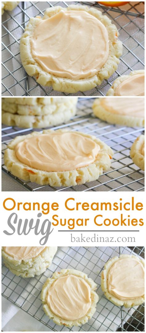 Orange Creamsicle Swig Sugar Cookies with a white chocolate frosting! #recipe Orange Roll Cookies, Orange Cream Cookies, Creamsicle Cookies, Swig Cookies, Swig Sugar Cookies, White Chocolate Frosting, Orange Frosting, Strawberry Flavor, Flavored Sugar