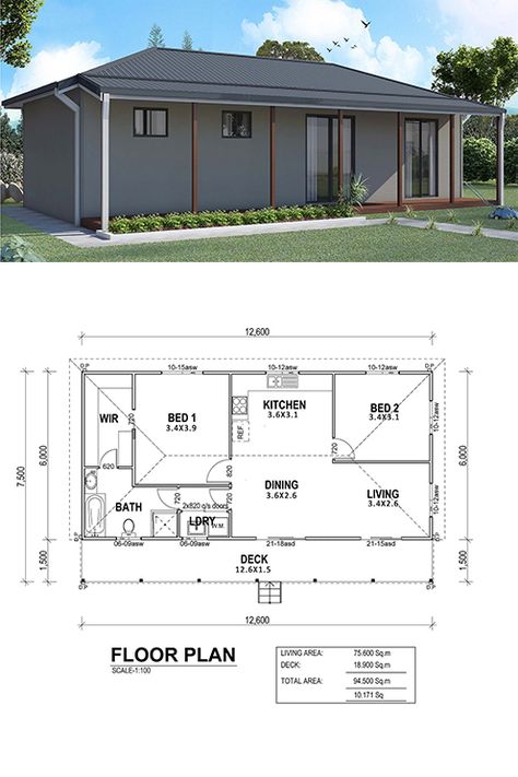 The Maroubra design is a well-designed home with one bathroom included. The kitchen is located in the center of the home with a bedroom either side. This design would be perfect for a granny flat on an existing property. Granny Flats Australia, Granny Flat Plans, Granny Flat Ideas, Small House Floor Plans, Walk In Robe, Flat Ideas, Granny Flat, Kit Home, Small Homes