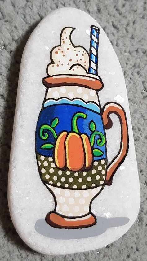 Coffee Painting, Rock Painting Ideas Easy, Rock Ideas, Rock Painting Art, Painted Rock, Pumpkin Spice Latte, Rock Painting, Stone Painting, Rock Art