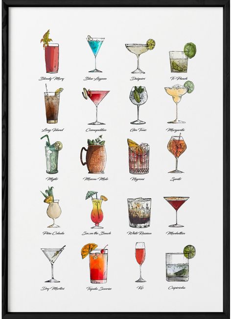 C'est l'affiche du spécialiste des cocktails. Elle doit trôner au dessus du bar et doit être apprise par coeur ! Idée cadeau pour les amoureux de la modération. Cocktail Names, Cocktail Poster, Rustic Wedding Table, Cocktails Bar, Tequila Cocktails, Cocktail Menu, Margarita Recipes, Bar Menu, Photo Wall Collage