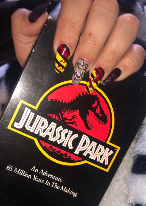 Jurassic Park Nails Designs, Jurrasic Park Nails, Jurassic Park Nails, Dinosaur Nails, Animal Nail Designs, Witch Nails, Jurrasic Park, Animal Nails, Disney Nails