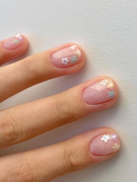 Pastel flower tips Korean Nails French Tip, Short Nails Easter, Cute And Easy Nail Designs, Milky White Nails, Nail Designs For Short Nails, Easy Nail Designs, Nails Easter, Designs For Short Nails, Milky Nails