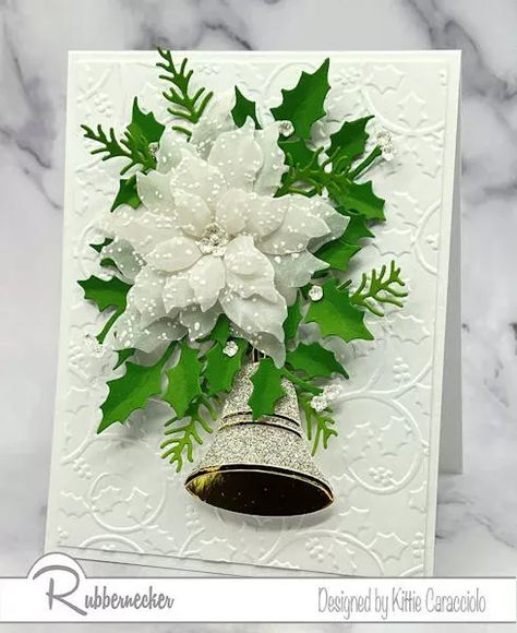 You won't believe how easy this handmade elegant white on white Christmas card is to put together and I am sharing all my details free in the post so you can try them out on your own projects. Come check them out and then be sure you Pin this to your Holiday Card Ideas board so you have all the different touches available to try out on all your projects. This card is also a great batch making card - make all the flowers, then all the bells, the card bases and then pop on the details! Holiday Card Ideas, Die Cut Christmas Cards, White Christmas Card, Elegant Christmas Cards, Cardmaking Techniques, Diy Holiday Cards, Heartfelt Creations Cards, Holiday Cards Handmade, Poinsettia Cards