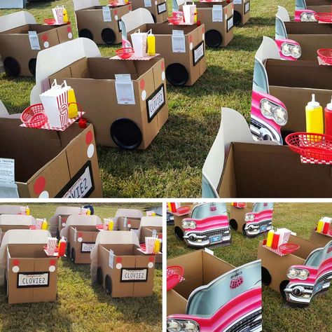 1950's drive-in birthday party! See more party planning ideas at CatchMyParty.com! Drive In Movie Party, Backyard Movie Party, Movie Night For Kids, Movie Night Birthday Party, Firetruck Birthday Party, Movie Birthday Party, Movie Themed Party, Movie Night Party, Firetruck Birthday