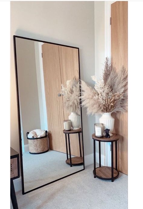 Floor Mirror And Plants, Mirror Styling Living Rooms, Bedroom Mirror Styling, Floor Mirror In Office, Bedroom Mirror Inspiration, Leaning Mirror Decor, Tall Mirror Decor Ideas, Large Bedroom Mirror Ideas, Full Body Mirror Decor