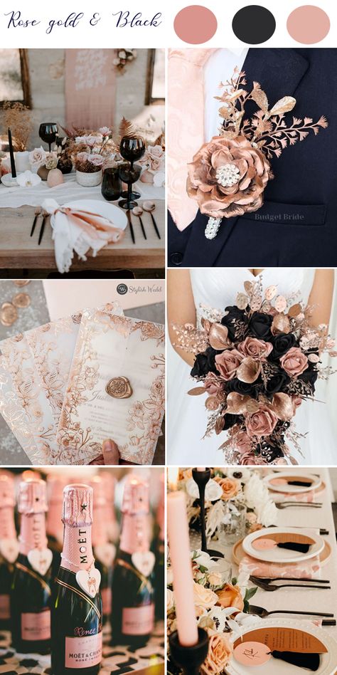 Black Gold And Rose Gold Wedding, Wedding Colors Black And Rose Gold, Blush Black Gold Wedding, Dusty Rose Black And Gold Wedding, Rose Gold And Black Wedding Ideas, Black Blush And Rose Gold Wedding, Blush Pink And Black Wedding Cake, Dusty Rose Black Wedding, Rose Gold Blush Pink And Black Wedding