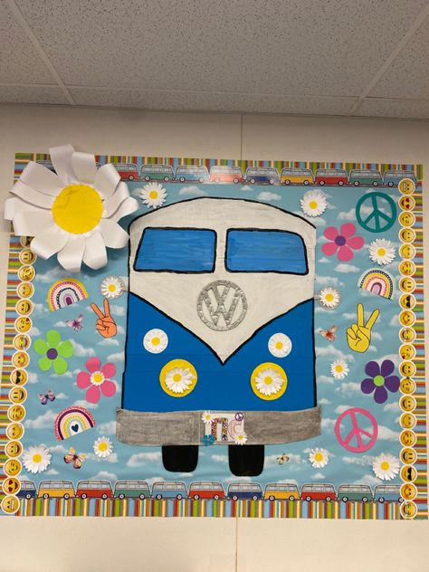 Peace Out Bulletin Board, 70s Classroom Bulletin Board, 70s Ra Bulletin Board, 70s Theme Bulletin Board, Groovy Year Bulletin Board, Retro Groovy Bulletin Board Ideas, Display Boards For School, Groovy Classroom, Creative Display