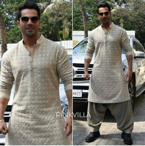 Varun Dhawan at lunch trailer of Kalank Varun Dhawan Kurta, Pakistani Kurta Designs, Indian Wedding Clothes For Men, Wedding Kurta, Wedding Kurta For Men, Boys Kurta Design, Kurta Pajama Men, Wedding Dresses Men Indian, Gents Kurta Design