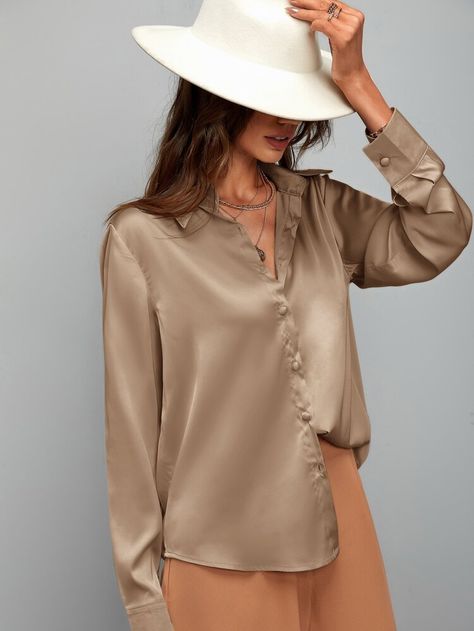 Pijama Satin, Satin Bluse, Satin Long Sleeve, Plain Shirt, Satin Shirt, Women Long Sleeve Tops, Plain Shirts, Button Cardigan, Satin Blouse