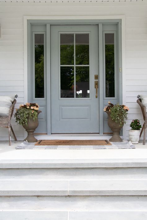 Asymmetrical Front Porch, Mountain Chateau, Seeking Lavender Lane, Blue Front Door, French Country Living, European Farmhouse, Outdoor Pillow Covers, Porch Design, French Farmhouse