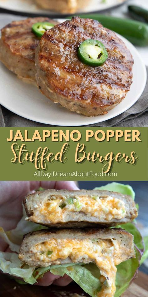 You've never had Keto Turkey Burgers this juicy and satisfying. The melty Jalapeño Popper filling adds so much flavor, you hardly need any toppings at all. Keto Recipes With Jalapenos, Jalapeno Stuffed Burgers, Stuffed Turkey Burger Recipes, Keto Turkey Burger Recipes, Jalapeno Popper Turkey Burger, Keto Patties, Keto Turkey Burgers, Stuffed Turkey Burgers, Keto Burgers