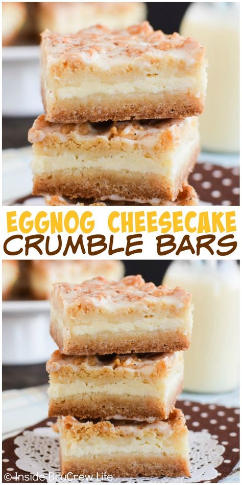 Layers of cake and cheesecake make these Eggnog Cheesecake Crumble Bars a new favorite holiday dessert. Eggnog Dessert Recipes, Cheesecake Crumble Bars, Cheesecake Crumble, Cake And Cheesecake, Eggnog Dessert, Eggnog Cake, Eggnog Cheesecake, Favorite Holiday Desserts, Pecan Desserts