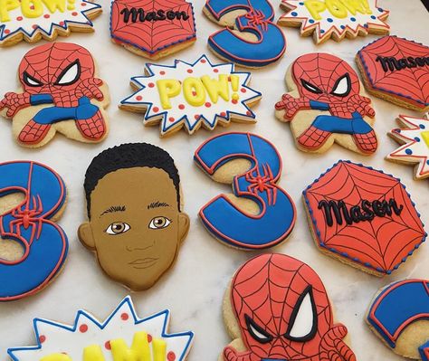 Spider Man Cookies, Friends Cookies, Happy Birthday Spiderman, Spiderman Cookies, Spidey Birthday, Birthday Spiderman, Man Cookies, Happy 4th Birthday, Busy Busy