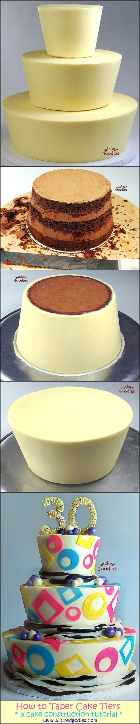 How to Taper Cake Tiers - Tutorial by Wicked Goodies Cake Carving, Cake Techniques, Topsy Turvy Cake, Cake Tips, Decorating Cakes, Birthday Desserts, Topsy Turvy, Cake Business, Specialty Cakes