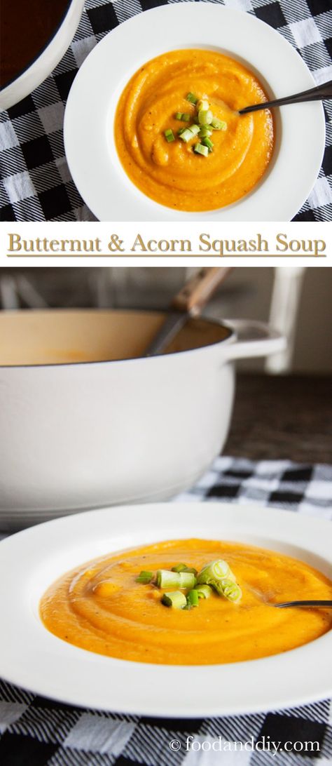 Butternut and Acorn Squash Soup is so smooth and creamy you can almost drink it! This soup keep very well in the fridge making if great for a packable lunch! #meatless #soup #recipe Meatless Soup, Acorn Squash Soup, Packable Lunch, Butternut Squash Bisque, Butternut Soup, Acorn Squash Recipes, Butternut Squash Recipes Soup, Fall Dinner Recipes, Clean Cooking