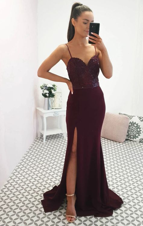 Debs Dresses, Ireland Dress, Oh Hello Clothing, Burgundy Gown, Trendy Prom Dresses, Deb Dresses, Elegant Attire, Grad Dresses, Formal Dresses Prom