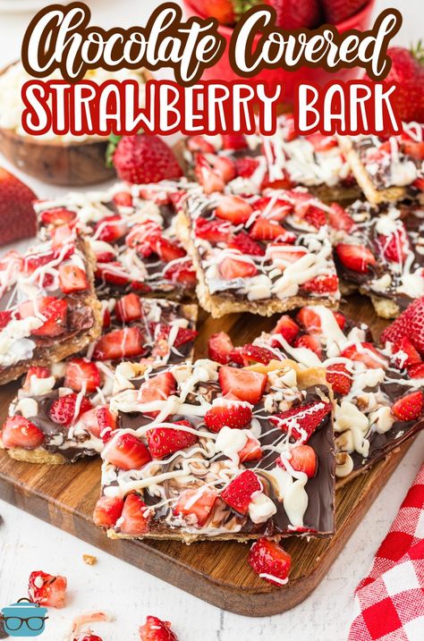 Chocolate Covered Strawberry Bark is an easy dessert made white and semi-sweet chocolate chips, fresh strawberries, butter, Ritz crackers and brown sugar! Strawberry Yum Yum Recipe, Strawberry Bark, Bark Candy, Bark Recipes, Easy Candy, Strawberry Bread, Best Banana Pudding, Covered Strawberry, Thanksgiving Cakes