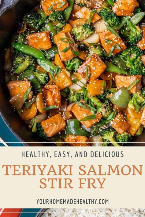 This Teriyaki Salmon Stir Fry is my favorite light and healthy stir fry dish to make. It's made with an easy homemade teriyaki sauce and marinaded salmon. All you need is a few simple ingredients and your favorite stir fry vegetables. Teriyaki Salmon Stir Fry, Smoked Salmon Risotto, Stir Fry Dinner Recipes, Salmon Stir Fry, Stir Fry Vegetables, Pistachio Crusted Salmon, Baked Teriyaki Salmon, Mango Salsa Salmon, Healthy Stir Fry