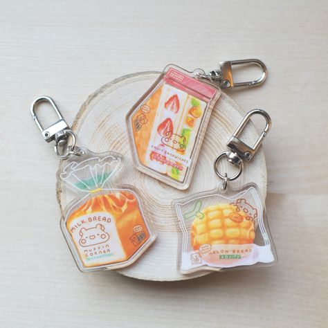 Bread Keychain, Melon Bread, Fruit Sandwich, Bread Packaging, Keychain Kawaii, Acrylic Keychain, Cute Keychain, Acrylic Charms, Art Business