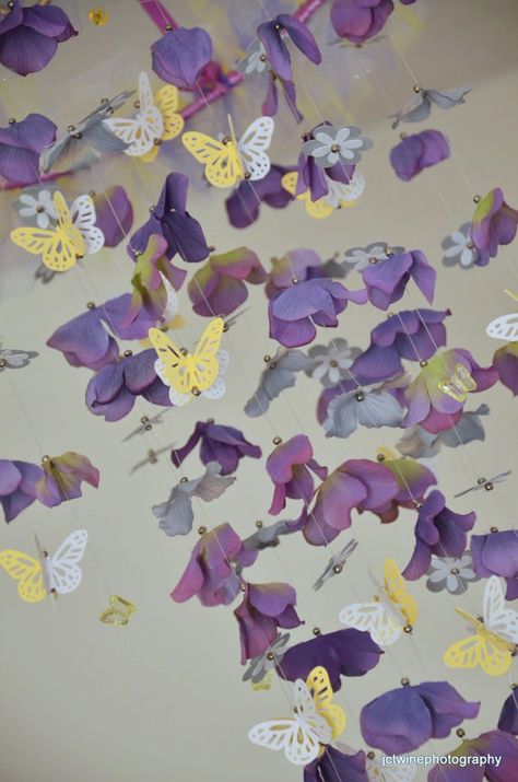 Butterfly mobile Lavender Yellow Gray and Purple by Sastara, $44.00 Purple And Yellow Bedroom, Bedroom Colors Purple, Yellow Girls Room, Lavender Bedroom, Sunflower Nursery, Purple Chandelier, Purple Nursery, Butterfly Nursery, Elephant Fabric