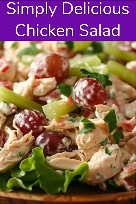 A wooden bowl filled with chicken salad featuring pieces of chicken, celery, grapes, and garnished with lettuce. Chicken Salad Recipe With Grapes, Recipe With Grapes, Simple Chicken Salad, Easy Chicken Salad Recipe, Salad With Grapes, Chicken Salad With Grapes, Keto Chicken Salad, Delicious Chicken Salad, Chicken Salad Recipe Easy