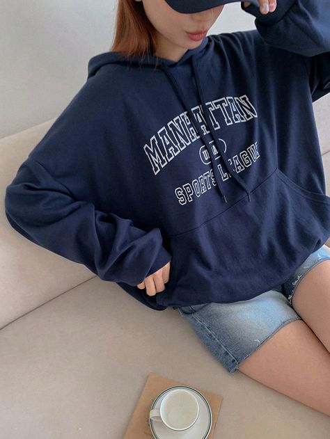 Navy Blue Casual Collar Long Sleeve Fabric Letter Pullovers Embellished Slight Stretch  Women Clothing Dark Blue Hoodie Outfit, Blue Hoodie Outfit, Dark Blue Sweatshirt, Letter Hoodie, Women Sweatshirts, Fabric Letters, Blue Sweatshirt, Hoodie Outfit, Blue Hoodie