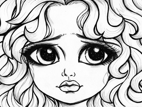 Big Eyes Girls Drawings Collection in 2020 by Miracle Valentine on Dribbble Cute Curly Hair, Curly Hair Girl, Face Painting Tutorials, Fall Canvas Painting, Big Eyes Doll, Daisy Art, Big Eyes Art, Dark Tattoo, Cartoon Faces