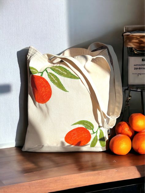 Hand Painte Tote Bag Cotton Canvas Reusable Fruit Lemon Mandarine Tree Plant Minimalist, Fruits Orange Tote Bag, Gift Shoulder Tote Bag, - Etsy Bag With Initials, Plant Minimalist, Orange Tote Bags, Farmers Market Bag, Bag Business, Orange Pattern, Fresh Fruits And Vegetables, Market Tote, Orange Bag