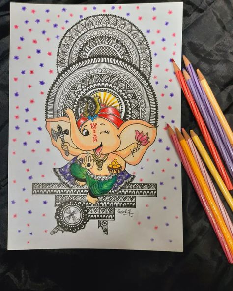 Mandala art Lord Ganesha Oil Pastel Drawing, Lord Ganesha Mandala Art, Ganpati Mandala, Ganesha Mandala Art, Krishna Mandala, Class Artwork, Ganesh Drawing, Ganesha Mandala, Minimal Paintings