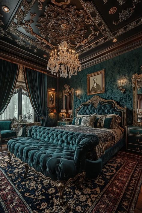 Velvet Room Aesthetic, Blue Antique Bedroom, Blue French Country Bedroom, Golden Room Aesthetic, Blue Victorian Bedroom, Lavish Bedroom Design, Gothic Glam Bedroom, 19th Century Bedroom, Blue Velvet Living Room