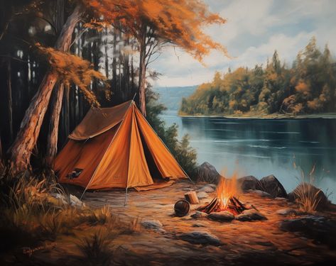 Camping Scene Painting, Campsite Painting, Camping Paintings, Tent Painting, Camping Painting, Forest Drawing, Birch Tree Art, Dream Pictures, Mountain Landscape Painting