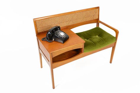 Mid Century Modern Teak Telephone Bench by Chippy Telephone Seats on Etsy, $875.00 Vintage Telephone Table, Telephone Bench, Bent Plywood Chair, Telephone Seat, Gossip Bench, 1950s Furniture, Mid Century Modern Bench, Telephone Table, Vintage Telephone