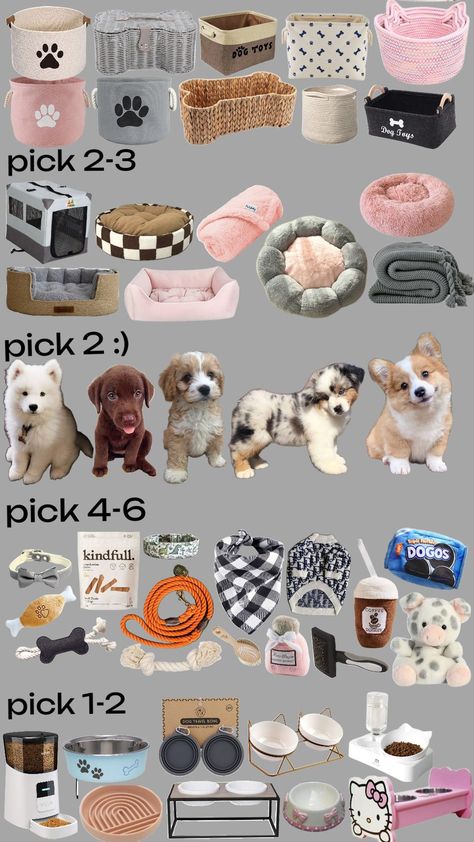 Puppy Essentials Doggie Christmas Gifts, Cute Puppy Supplies, Pick A Basket, Dog Basket Ideas, Things For Puppies, Aesthetic Dog Supplies, Cute Dog Stuff, Puppy Essentials, Dog Gift Basket