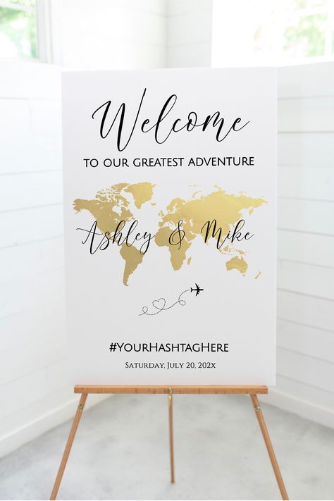 Gold World Map Wedding Welcome Sign, Travel Theme Welcome Sign Template, Wedding Welcome Sign Template, Editable Welcome Sign, TT1 - Etsy World Travel Wedding Theme, Travel The World Wedding Theme, Met Online Wedding Theme, Travel Wedding Decor, Travel Wedding Theme Ideas, Travel Wedding Ideas, Travel Themed Wedding Ideas, Sunset Wedding Theme, Wedding Travel Theme