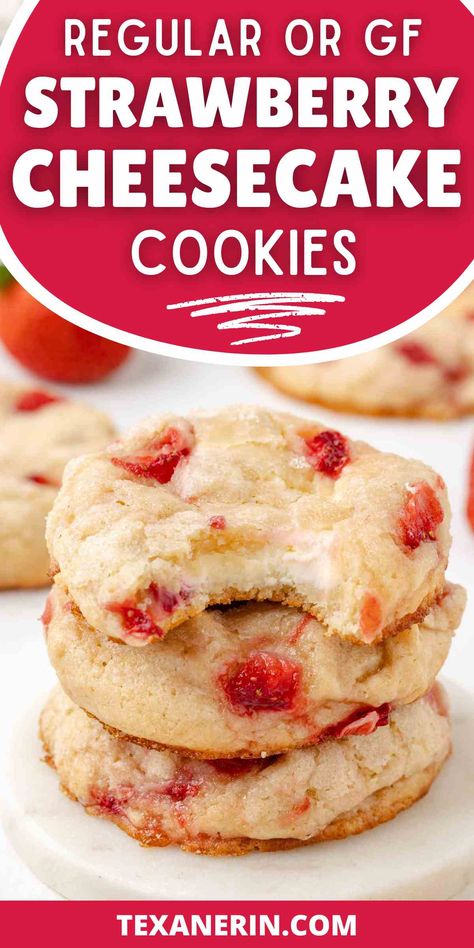 These strawberry cheesecake cookies are a delightful treat, perfect for any occasion! Combining fresh strawberries with a creamy cheesecake center, these cookies are a must-try for anyone who loves baking recipes with strawberries. Whether you're looking for a strawberry cheesecake cookie recipe or yummy, easy baking recipes, these cookies have it all. Strawberry Cheesecake Stuffed Cookies, Strawberry Cheesecake Cookies Recipes, Strawberry Sugar Cookie Bars, Recipes With Strawberries, Cookie Biscuits, Strawberry Cheesecake Cookies, Cheesecake Cookies Recipes, Cheesecake Cookie, Paleo Chocolate Chip Cookies