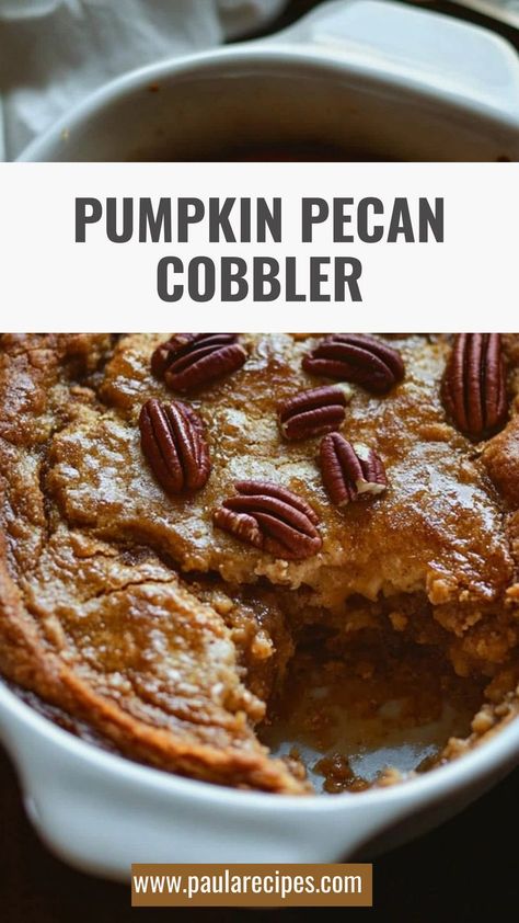 Pumpkin Pecan Cobbler is a dessert dream come true—spiced pumpkin, crunchy pecans, and a sweet, golden topping all baked together into fall perfection. 🍁🎃💫 #PumpkinPecanDelight #FallComfortDesserts #AutumnBakingBliss #PecanGoodness #SpicedPumpkinPerfection #FallFlavorsOnPoint #PumpkinSeasonMagic #SweetAndCrispy #AutumnVibes #DessertGoals 🍁🎃 Desserts With Pumpkin, Thanksgiving Hosting, Fall Desserts Pumpkin, Pumpkin Pecan Cobbler, Dessert Pumpkin, Spiced Cake, Pecan Cobbler, Comfort Desserts, Pumpkin Recipes Dessert