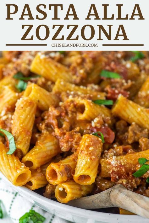 A mash-up of three famous pasta dishes, amatriciana, cacio e pepe and carbonara, this pasta alla zozzona is an eruption of flavor. #pastaallazozzona #pasta #rigatoni | chiselandfork.com Pasta Rigatoni, Gourmet Pasta, Italian Pasta Dishes, Mild Italian Sausage, Italian Pasta Recipes, Tasty Dinner, Best Pasta Recipes, Pasta Dinners, Pasta Dinner Recipes