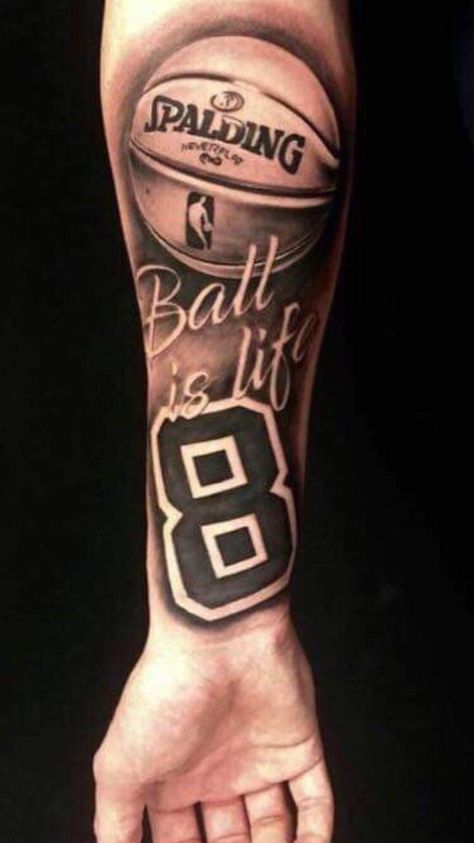 Kobe 8 Tattoo, Ball Is Life Tattoo, Basketball Sleeve Tattoo, Basketball Tattoos Ideas For Women, Basketball Tattoos For Men Ideas, Basketball Tattoo Design, Basketball Tattoo Ideas, 8 Tattoo, Basketball Tattoos