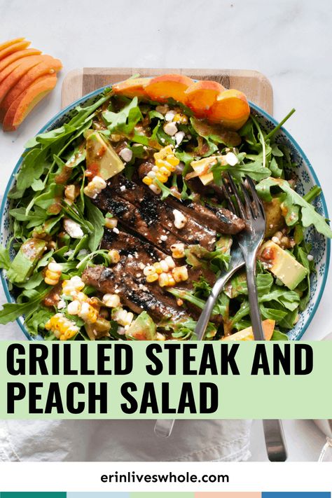 Give salad night a makeover with Grilled Steak and Peach Salad. This delicious meal packs in the flavor with goat cheese, avocado, and a mouth watering marinade! Clean Eating Chicken, Peach Salad, Supper Ideas, Refreshing Salad, Steak Salad, Grilled Steak, Gluten Free Recipes Easy, Salad Dressing Recipes, Healthy Side Dishes