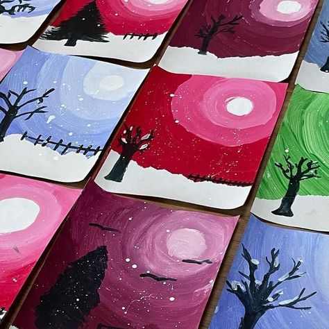 Emily Shane on Instagram: "Monochromatic winter scenes with painted tree silhouettes. Good stuff from fifth grade. #fifthgrade #elementaryart #artprojects #artteachersofinstagram #artteacher #winterart #treesilhouette" Winter Value Art Projects, 2nd Grade Projects, Monotone Art, Winter Art Ideas, Grade 2 Art, Thanksgiving Art Projects, Elementary Art Lesson Plans, Monochromatic Painting, Pre K Art