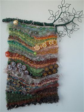 Check out this beautiful embellished fabric art collage titled "An August Walk in the Woods." For more art collage ideas visit Clothpaperscissors.com فن النسيج, Cloth Paper Scissors, Textile Fiber Art, Fibres Textiles, Weaving Textiles, Weaving Projects, Walk In The Woods, Chale Crochet, Weaving Art